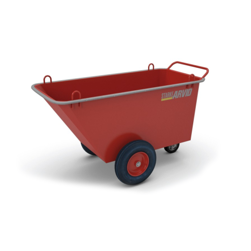 Robust vagn för transport och dosering av material som betong, bruk eller jord.