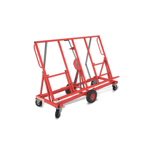 Its sturdy tubular steel construction supports up to 500 kg of drywall—equivalent to around 20 sheets. You can switch between horizontal and vertical positions depending on the task at hand. In the horizontal position, the four smaller wheels and built-in support legs automatically lower, providing extra stability while you work on the boards. When it is time to move the cart, you tilt it into the vertical position and use the smooth-rolling pneumatic tires. This makes the cart very narrow, allowing it to maneuver easily through tight spaces and over uneven surfaces.